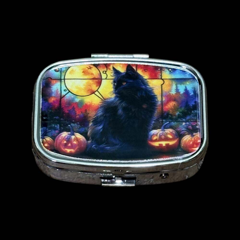 Cute Black Cat Moon Portable Rectangle Metal Pill Organizer Case